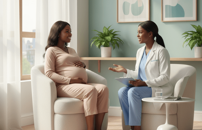 A warm, welcoming scene of a black pregnant woman sitting comfortably in a modern, well-lit clinic room during an antenatal checkup having a friendly conversation with her doctor