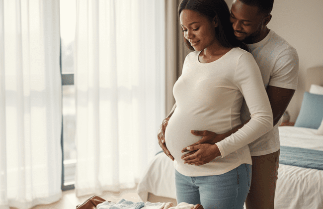 A blog feature image showing a serene scene of a expectant mother preparing to go to the hospital: packing her maternity bag, holding her baby bump, or being supported by her partner