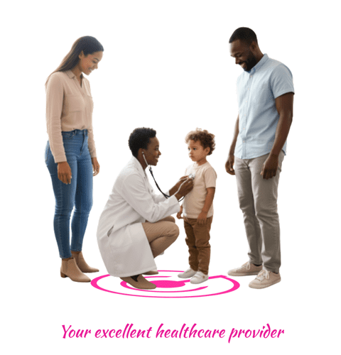 An branding image of tow parents and their child who is being examined by the doctor