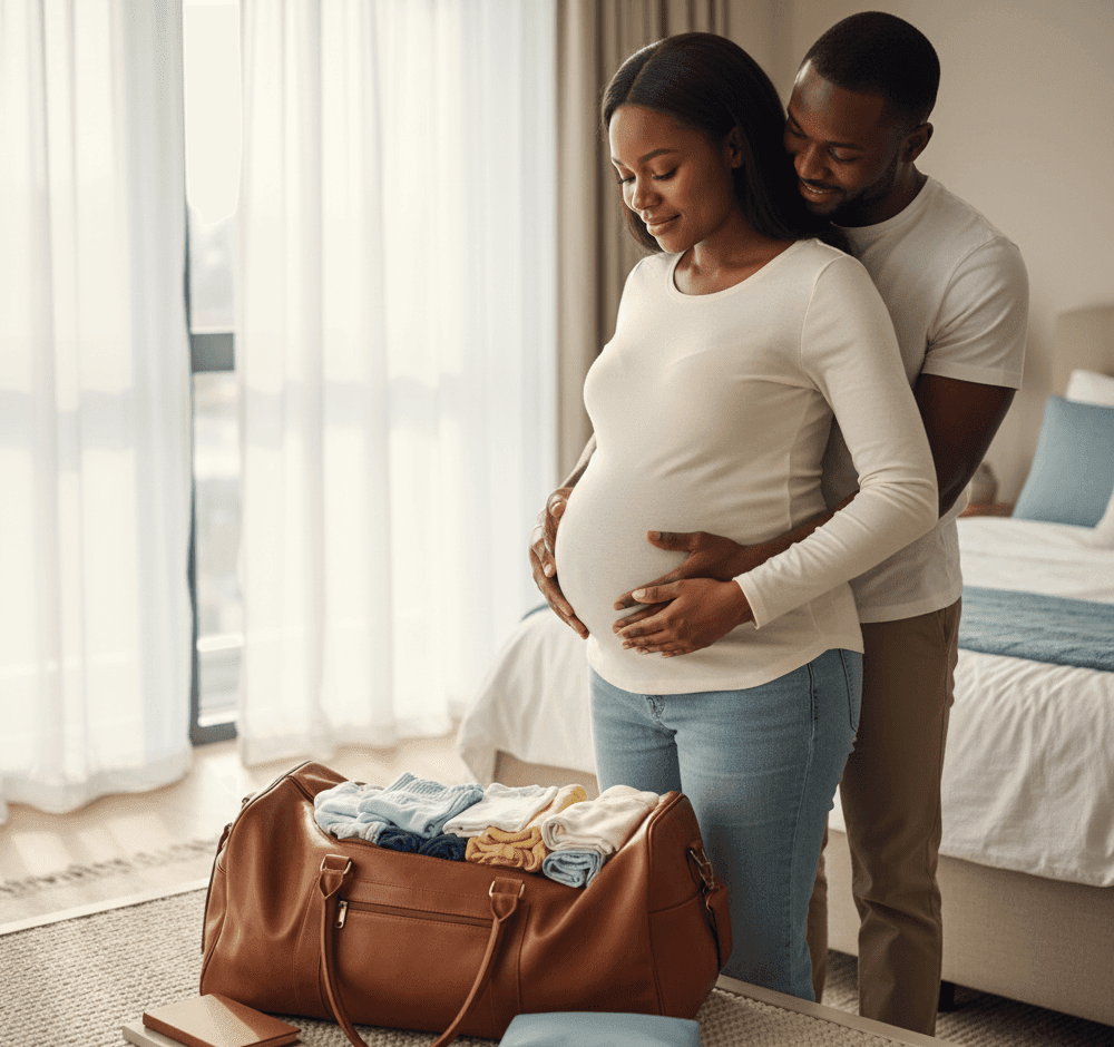 A serene scene of a expectant mother preparing to go to the hospital: packing her maternity bag, holding her baby bump, or being supported by her partner